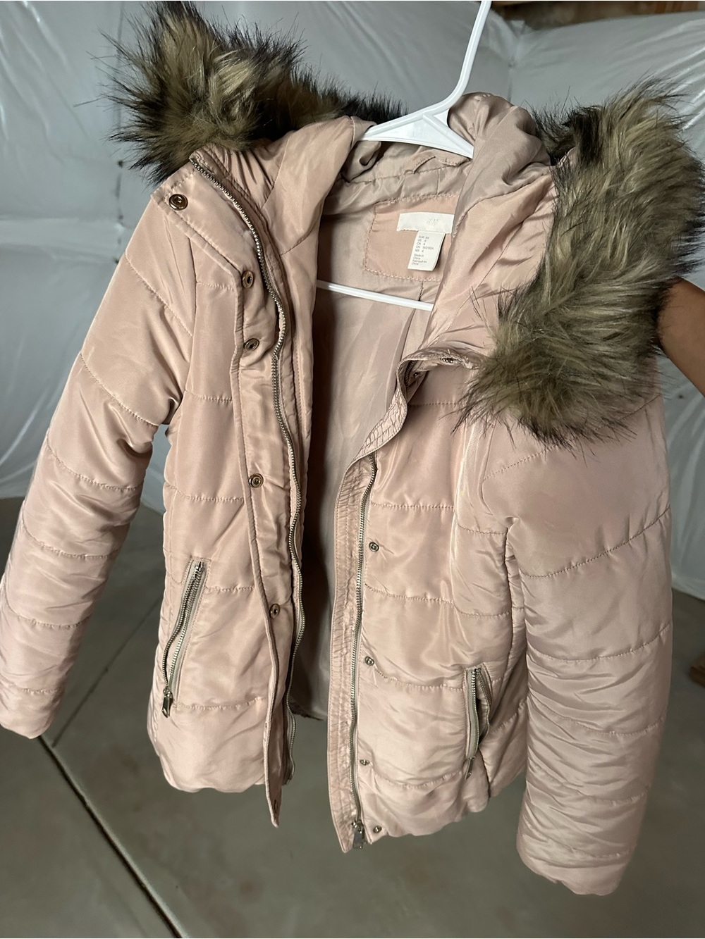 H&M Blush Pink Quilted Puffer Jacket with Faux Fur Hood